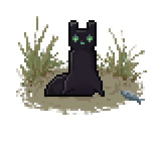 Pixel art of a young black slugcat with green eyes.